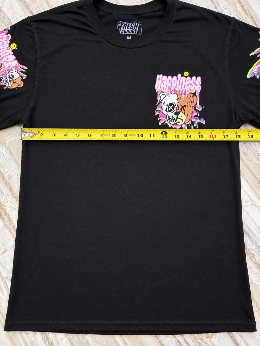 Fresh Laundry “Happiness” Skull Bear Graphic T-Shirt Unisex Y2K – Black – Size M - Picture 6 of 7